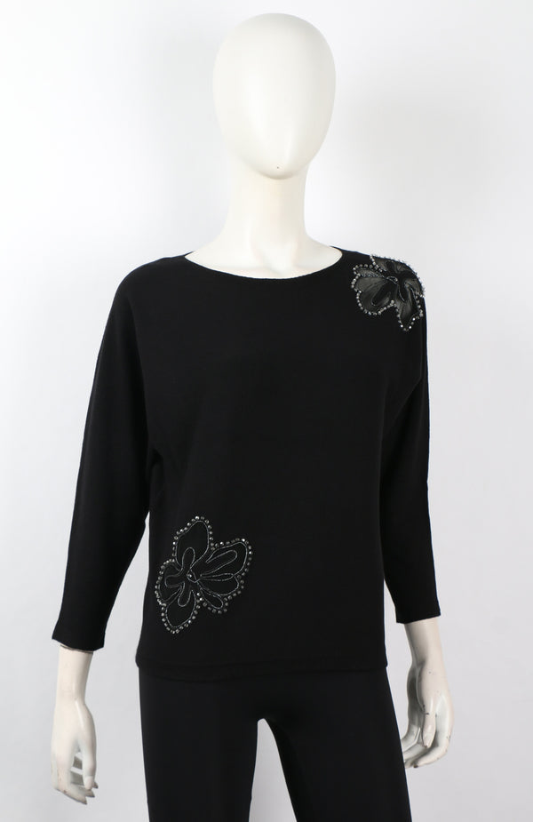 FLOWER EMBELLISHMENT 3/4 SLEEVE SWEATER