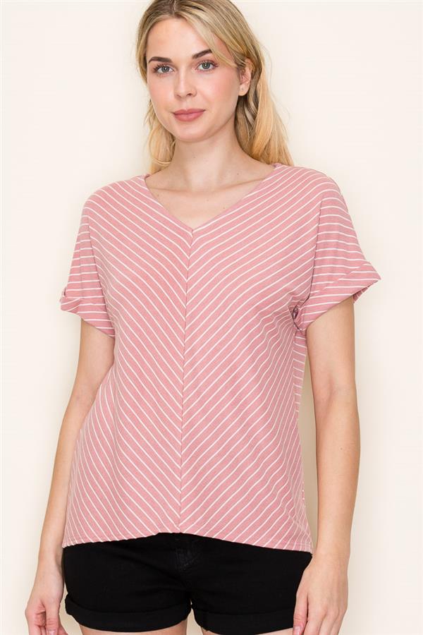 STRIPED V NECK ROLL UP SLEEVE TOP ( available in 2 colors)