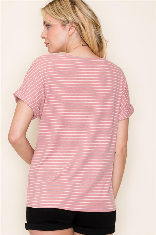 STRIPED V NECK ROLL UP SLEEVE TOP ( available in 2 colors)