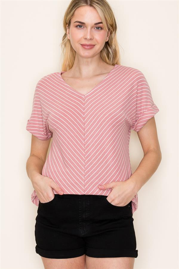 STRIPED V NECK ROLL UP SLEEVE TOP ( available in 2 colors)