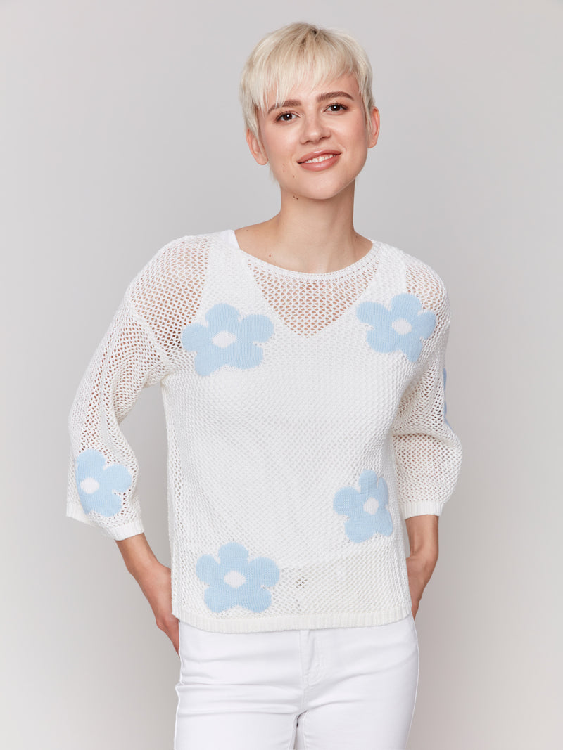 3/4 SLEEVE PRINTED CROCHET SWEATER