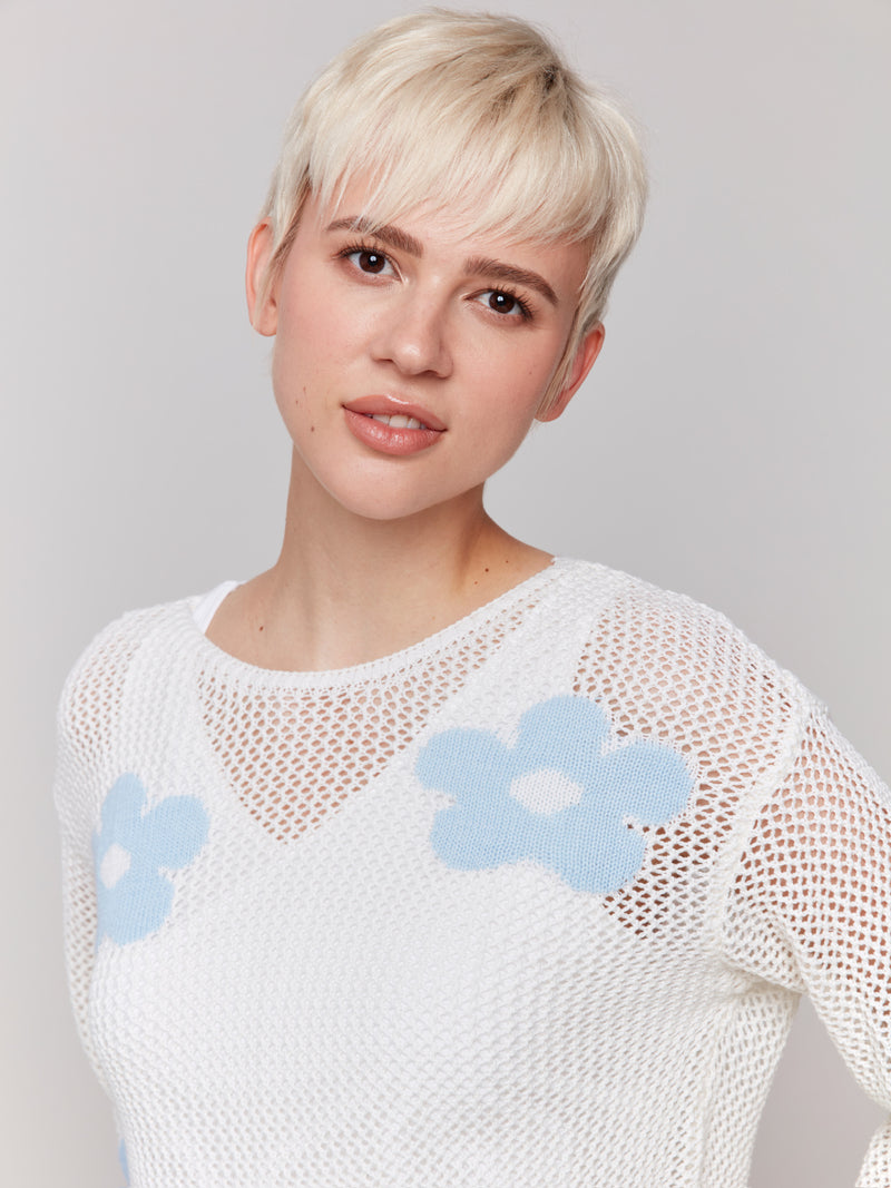 3/4 SLEEVE PRINTED CROCHET SWEATER