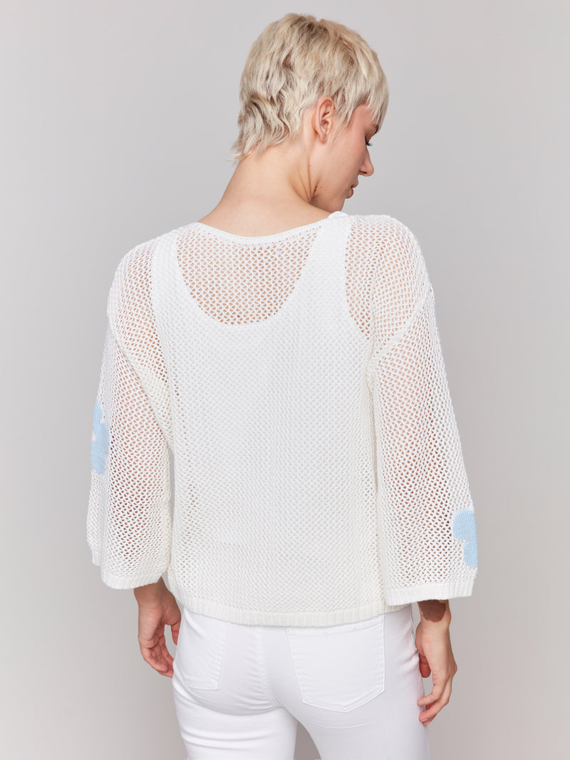 3/4 SLEEVE PRINTED CROCHET SWEATER