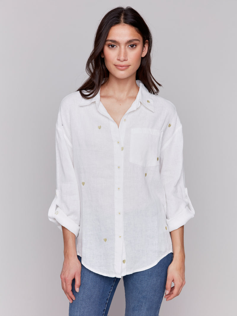 LINEN BLEND BLOUSE WITH GOLD HEARTS