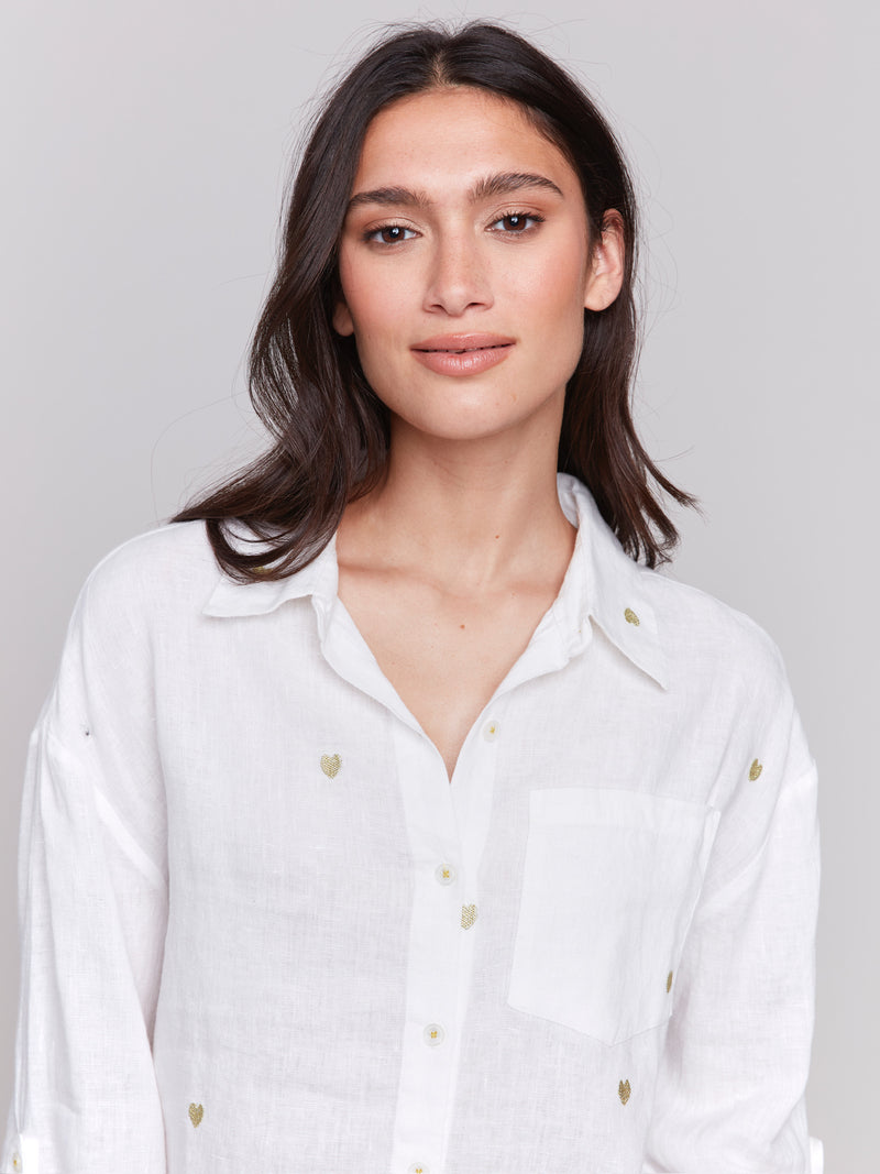 LINEN BLEND BLOUSE WITH GOLD HEARTS