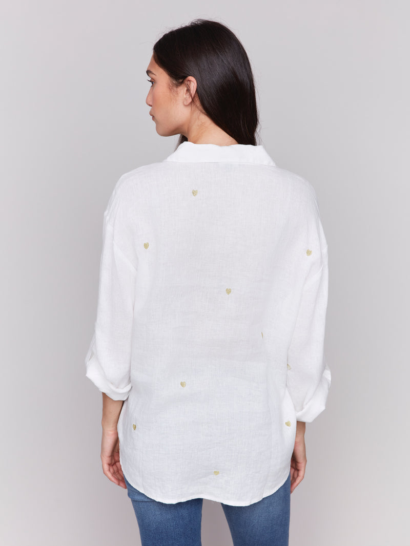 LINEN BLEND BLOUSE WITH GOLD HEARTS