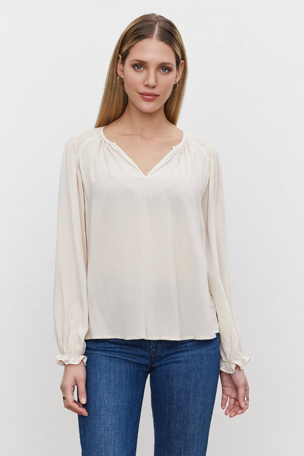 LONG SLEEVE V NECK BLOUSE (available in blush & postman)