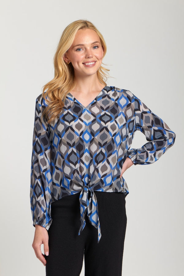 PRINTED TIE FRONT BLOUSE