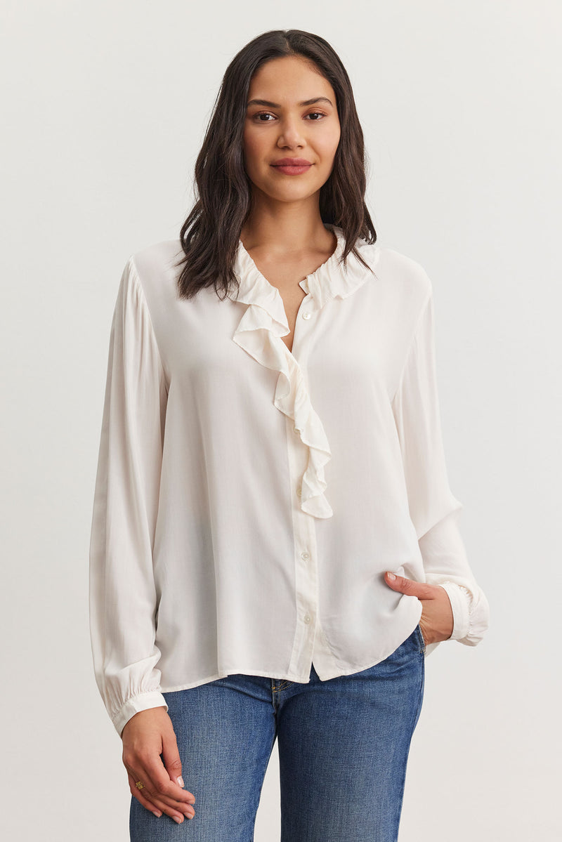 LONG SLEEVE RUFFLE BLOUSE  (available only  in Malbec)