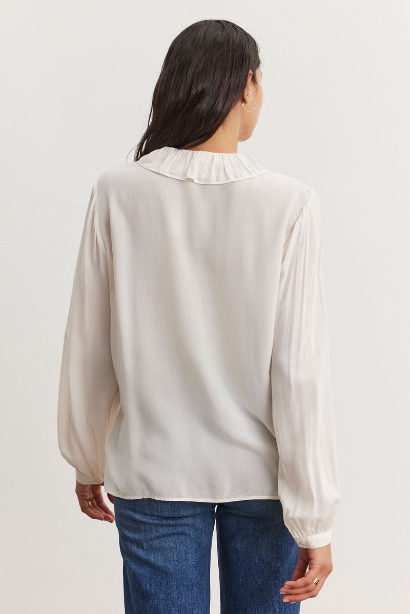 LONG SLEEVE RUFFLE BLOUSE  (available only  in Malbec)