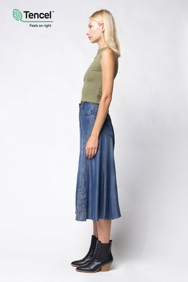 EMBROIDERED MIDI DENIM SKIRT