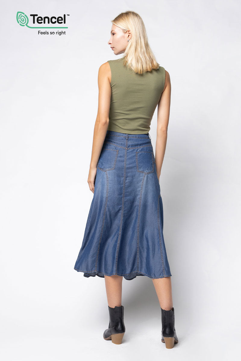 EMBROIDERED MIDI DENIM SKIRT
