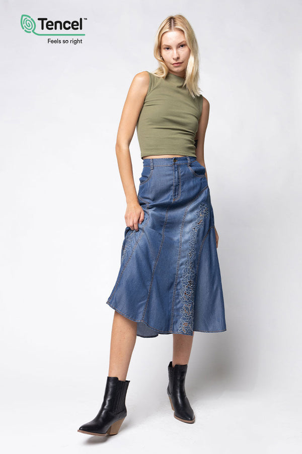 EMBROIDERED MIDI DENIM SKIRT