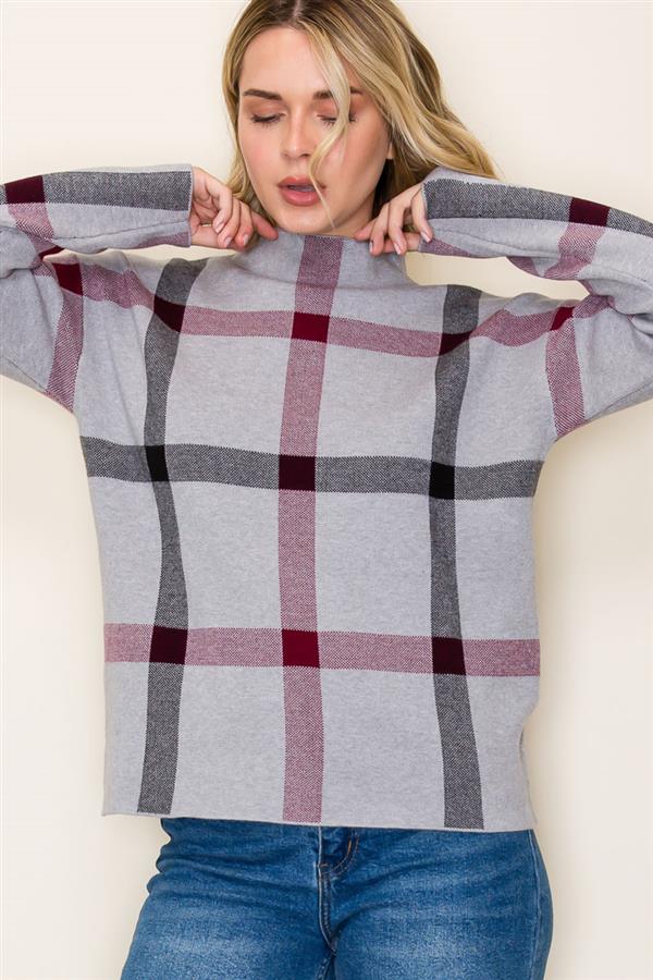 CHECK JACQUARD MOCK NECK SWEATER