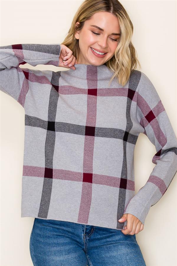 CHECK JACQUARD MOCK NECK SWEATER