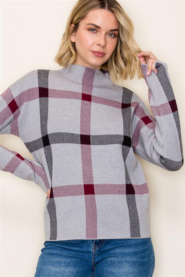 CHECK JACQUARD MOCK NECK SWEATER