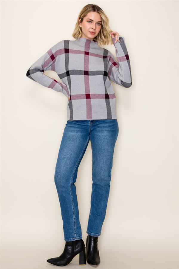 CHECK JACQUARD MOCK NECK SWEATER