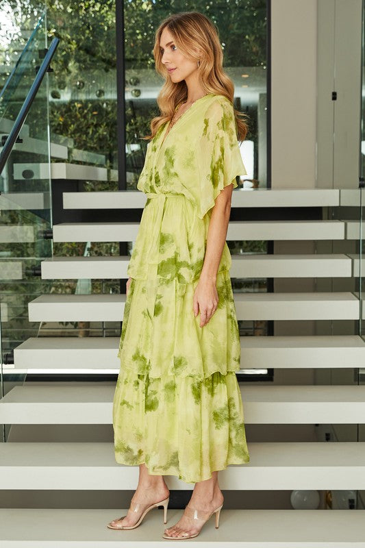MARBLED PRINT SILK DRESS (AVAILABLE IN BEIGE & LIME GREEN)