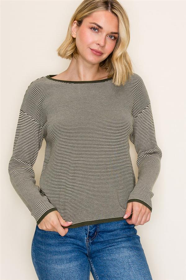 PINSTRIPE LONG SLEEVE WAFFLE SWEATER