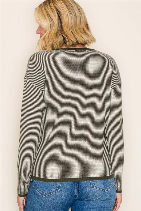 PINSTRIPE LONG SLEEVE WAFFLE SWEATER