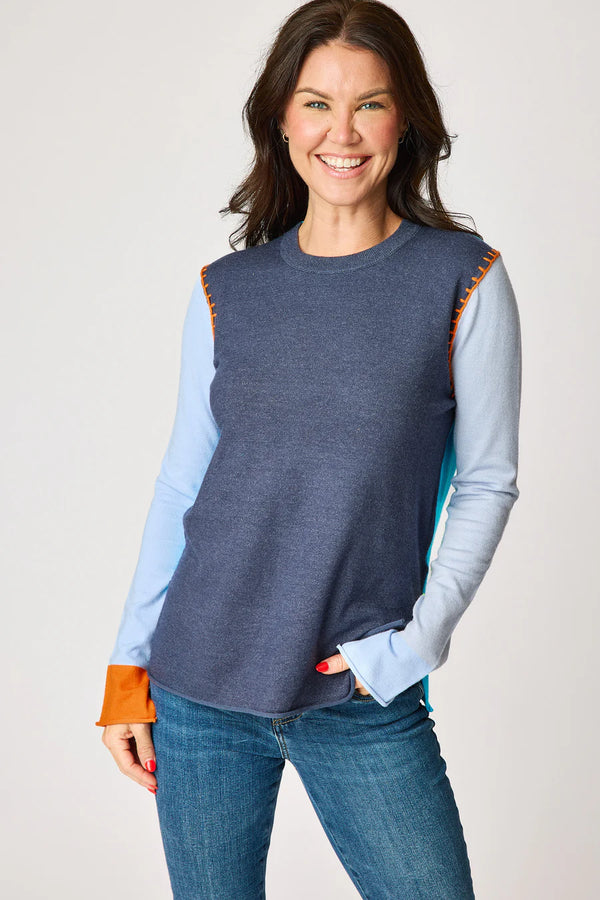 COLOR BLOCK WITH STITCHING SWEATER