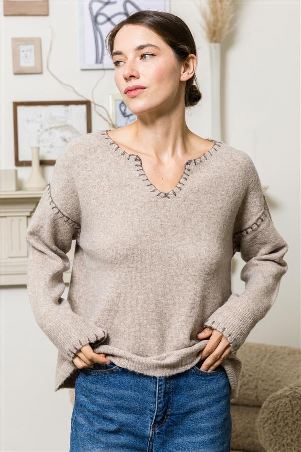 BLANKET STITCH LONG SLEEVE SWEATER ( available in Heather grey & taupe