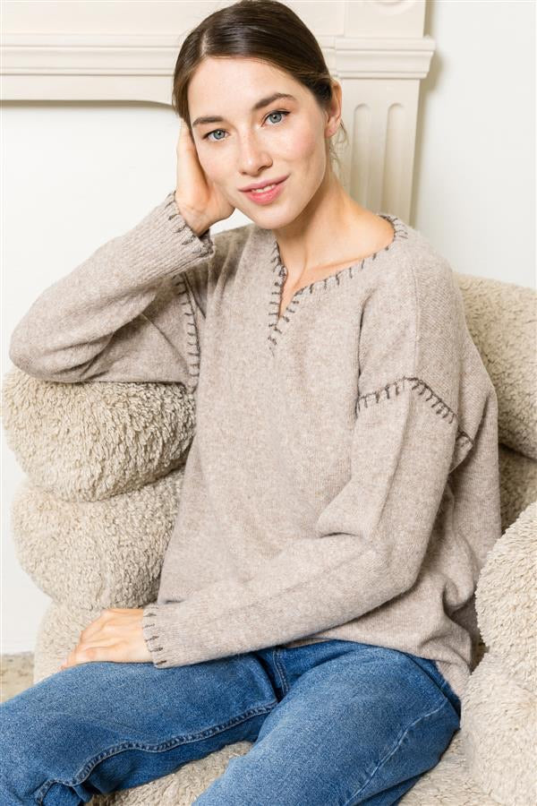 BLANKET STITCH LONG SLEEVE SWEATER ( available in Heather grey & taupe