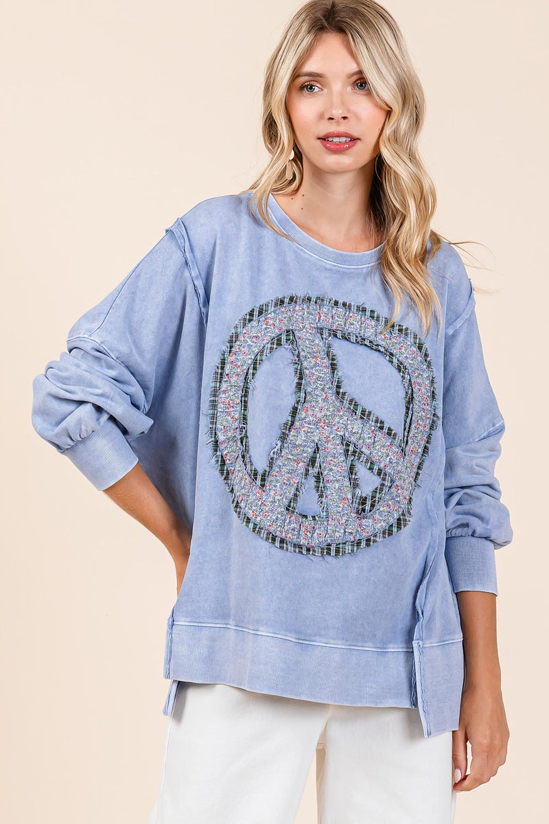 FLORAL & PEACE SIGN SWEATSHIRT (available in blue rain & latte)