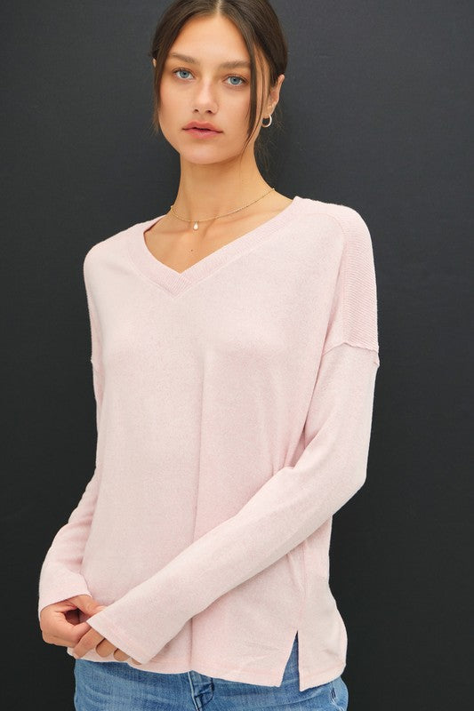 LONG SLEEVE V NECK RIBBED DETAIL SWEATER (available in more colors)