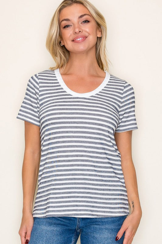 ROUND NECK SHORT SLEEVE STRIPE TOP