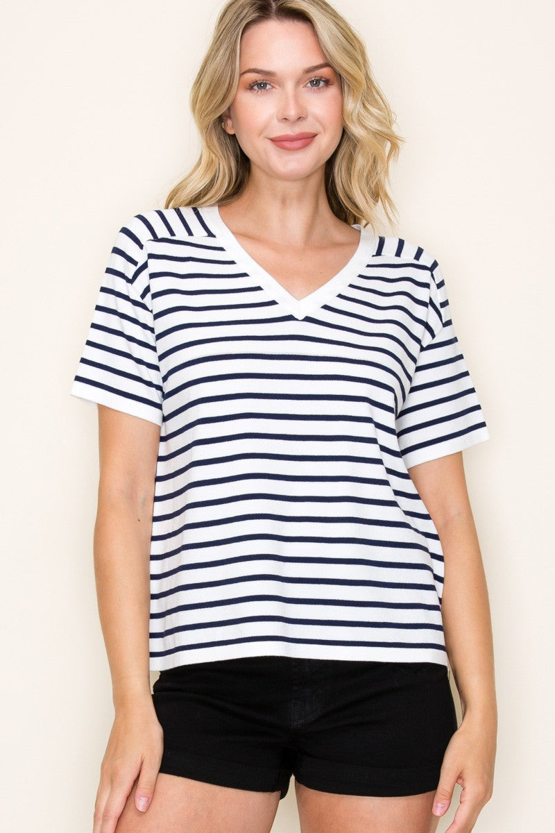 SHORT SLEEVE V NECK STRIPE SWEATER