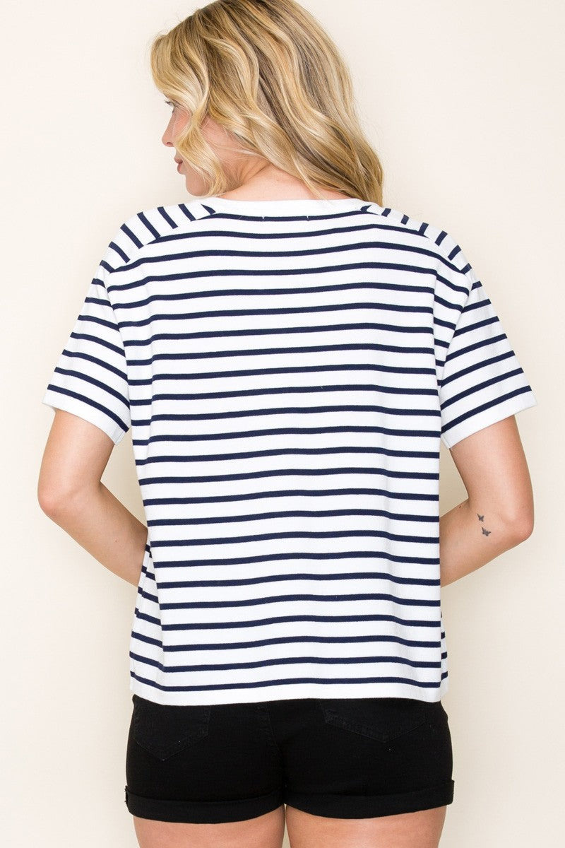 SHORT SLEEVE V NECK STRIPE SWEATER